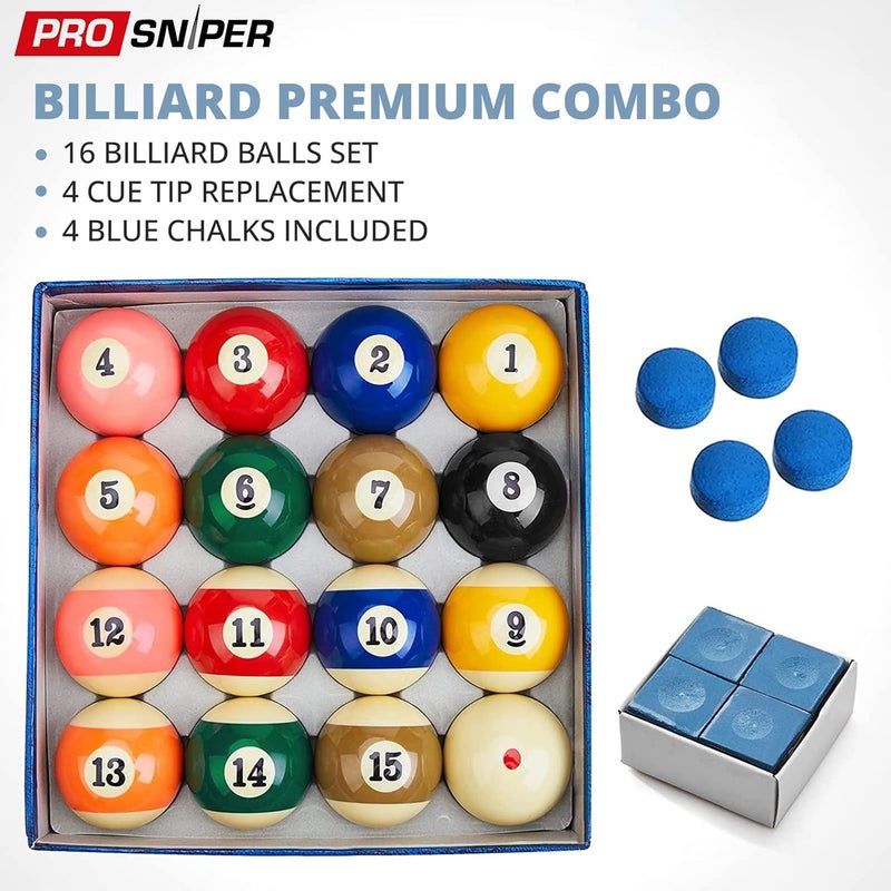 Prosniper Billiard Balls - 16 Premium Pool Ball Set Including 4X Cue Tips and 4X Blue Chalk I 6 oz & 2.25 inches I Pool Table Accessories for Beginners & Professionals I Made of Pure Resin - Image 2